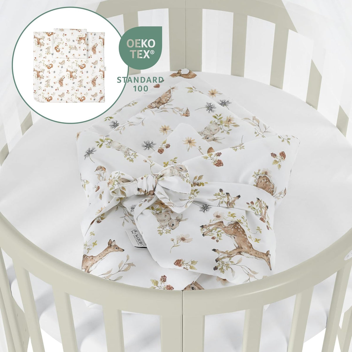 Waldin Oval Baby-Bett Mitwachsend Komplett Set 7in1, Gitterbett, Kinderbett mit Matratze, Wickelkommode, Beistellbett, Holz Weiß