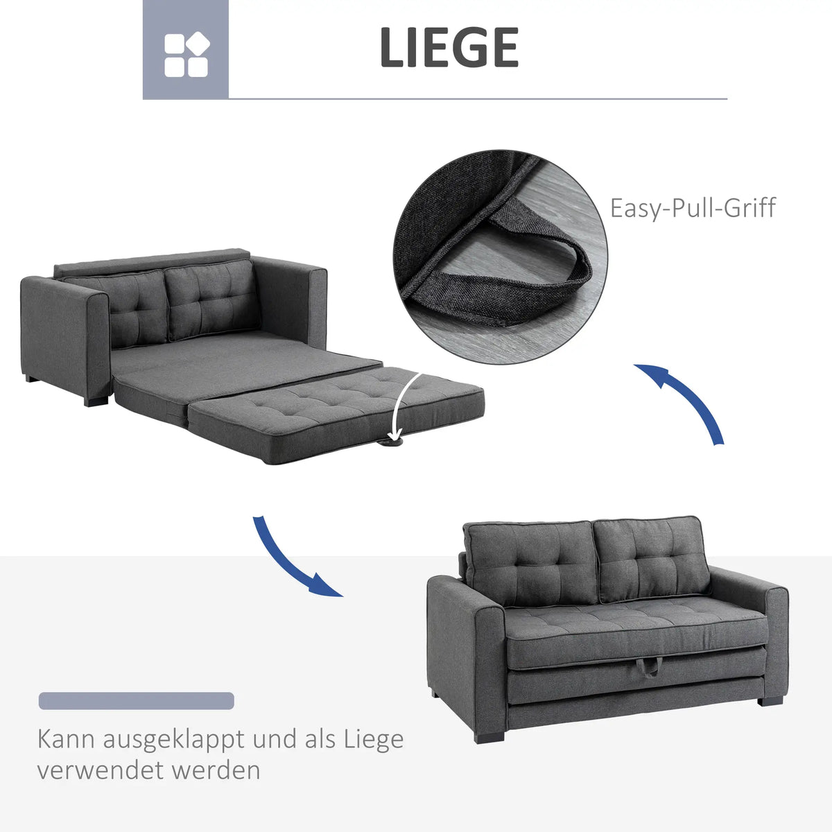 HOMCOM Schlafsofa 2-Sitzer ausziehbar Massivholz Federung Grau