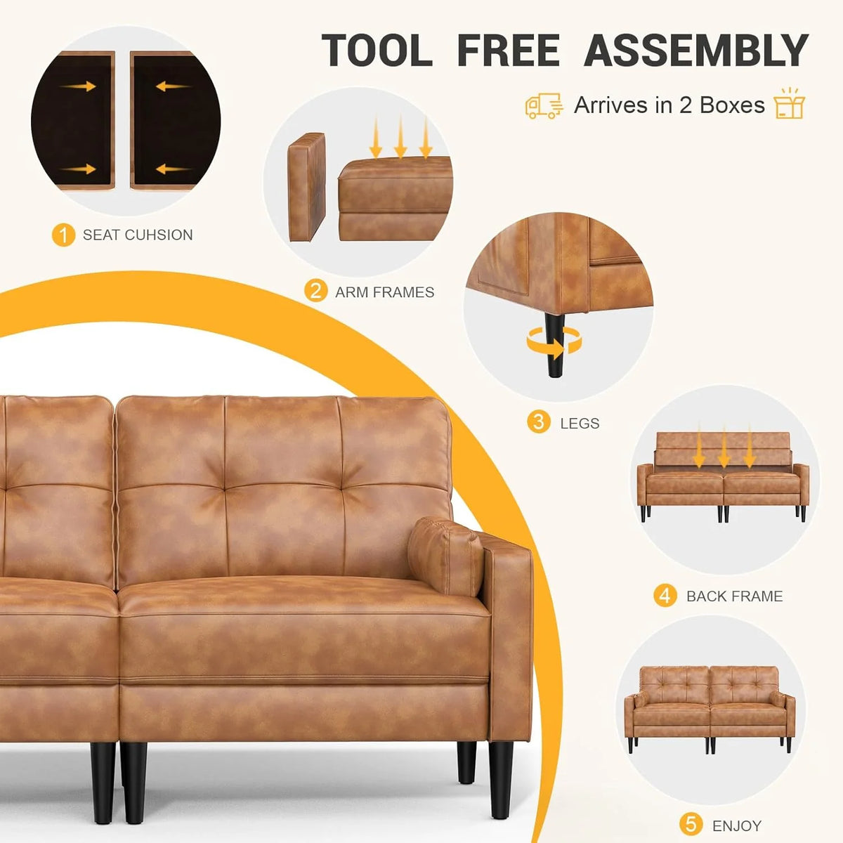 Aotumm Ciort Sofa 2 Plazas, Sofá Moderno con Cojines Gruesos, 2 Almohadas, Cómodo Sofá de Cuero con 2 Bolsillos de Almacenamiento para Sala de Estar/Dormitorio/Oficina, Sofá Pequeño (Marrón)