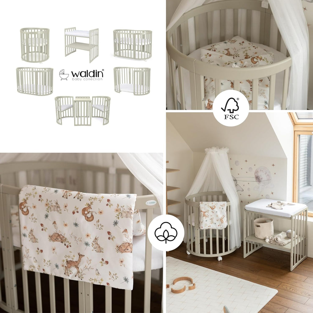 Waldin Oval Baby-Bett Mitwachsend Komplett Set 7in1, Gitterbett, Kinderbett mit Matratze, Wickelkommode, Beistellbett, Holz Weiß