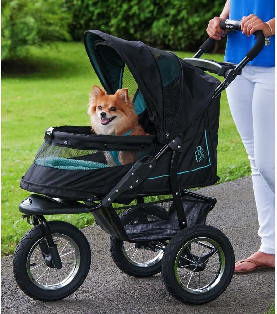 No-Zip NV Haustier-Buggy für Katzen/Hunde, Einstieg ohne Reißverschluss, einfaches Zusammenklappen mit einer Hand, Reifen mit Gelfüllung, Plüschpolster + Wetterschutz inklusive, 3 Farben