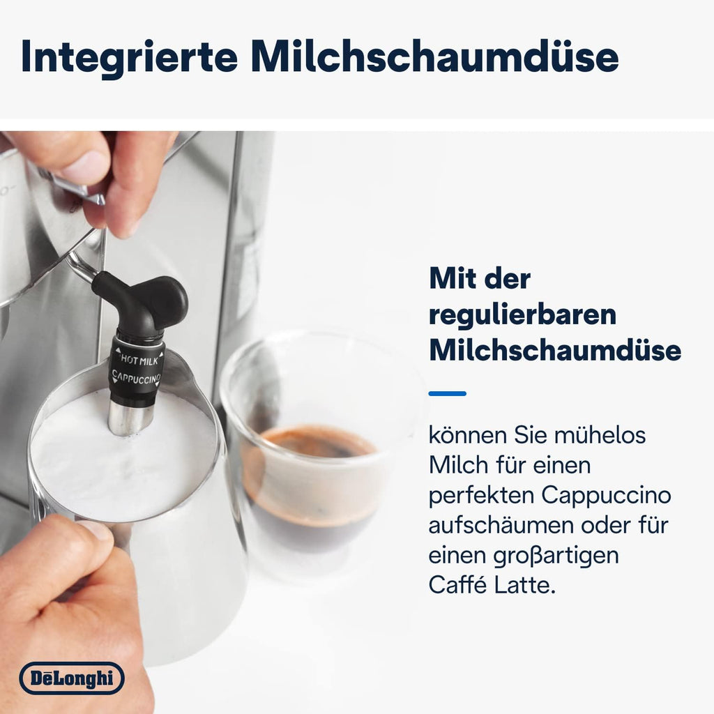 De'Longhi Dedica Style EC 685.M – Espresso Siebtrgermaschine, Espressomaschine mit professionellem Milchaufschumer, nur 15 cm breit, für Kaffeepulver oder ESE Pads, 1 l Wassertank, silber