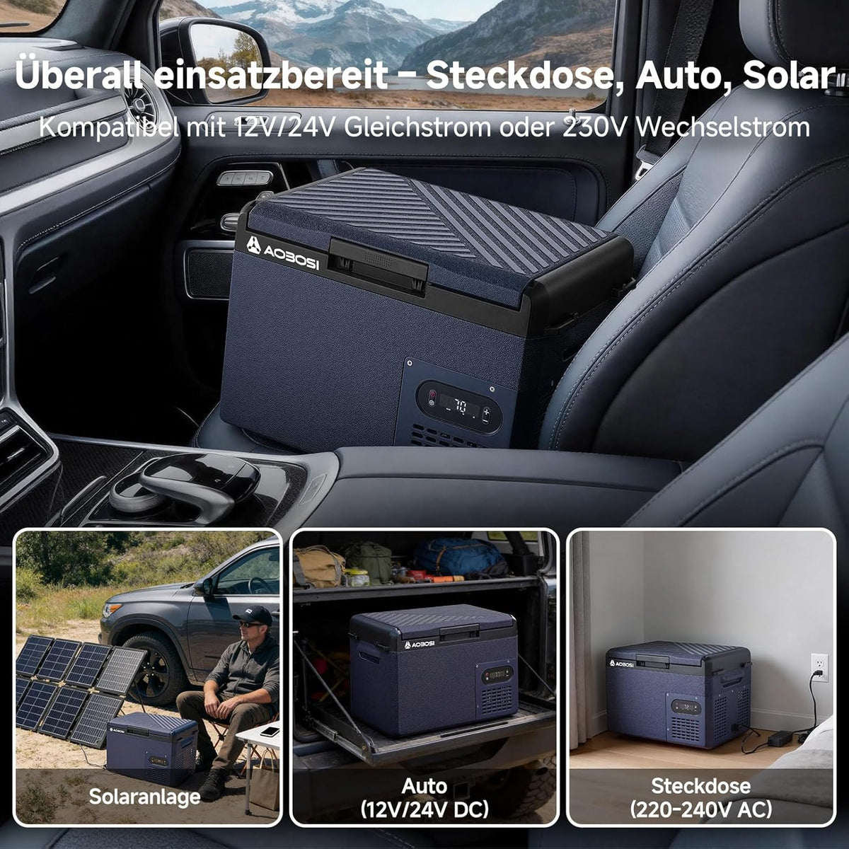 AAOBOSI Kompressor Kühlbox 15L, Tragbare Elektrische Kühlbox 12V/230V, IPX4 Wasserdicht, -20°C bis 20°C - Ideal für Auto, LKW, Boot, Camping, Reisen, Fischen, Garten & Outdoor-Aktivitäten