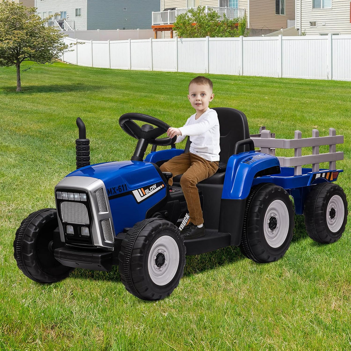 HAUSPROFI 12V 3-Gang Kinder Elektroauto mit Anhänger, Elektro Traktor 2 Fahrmodi, 2,4G-Fernbedienung, Kinder Traktor LED-Licht, Bluetooth, Musik, USB, Elektrischer Traktor für kinder ab 3 Jahren, Grün