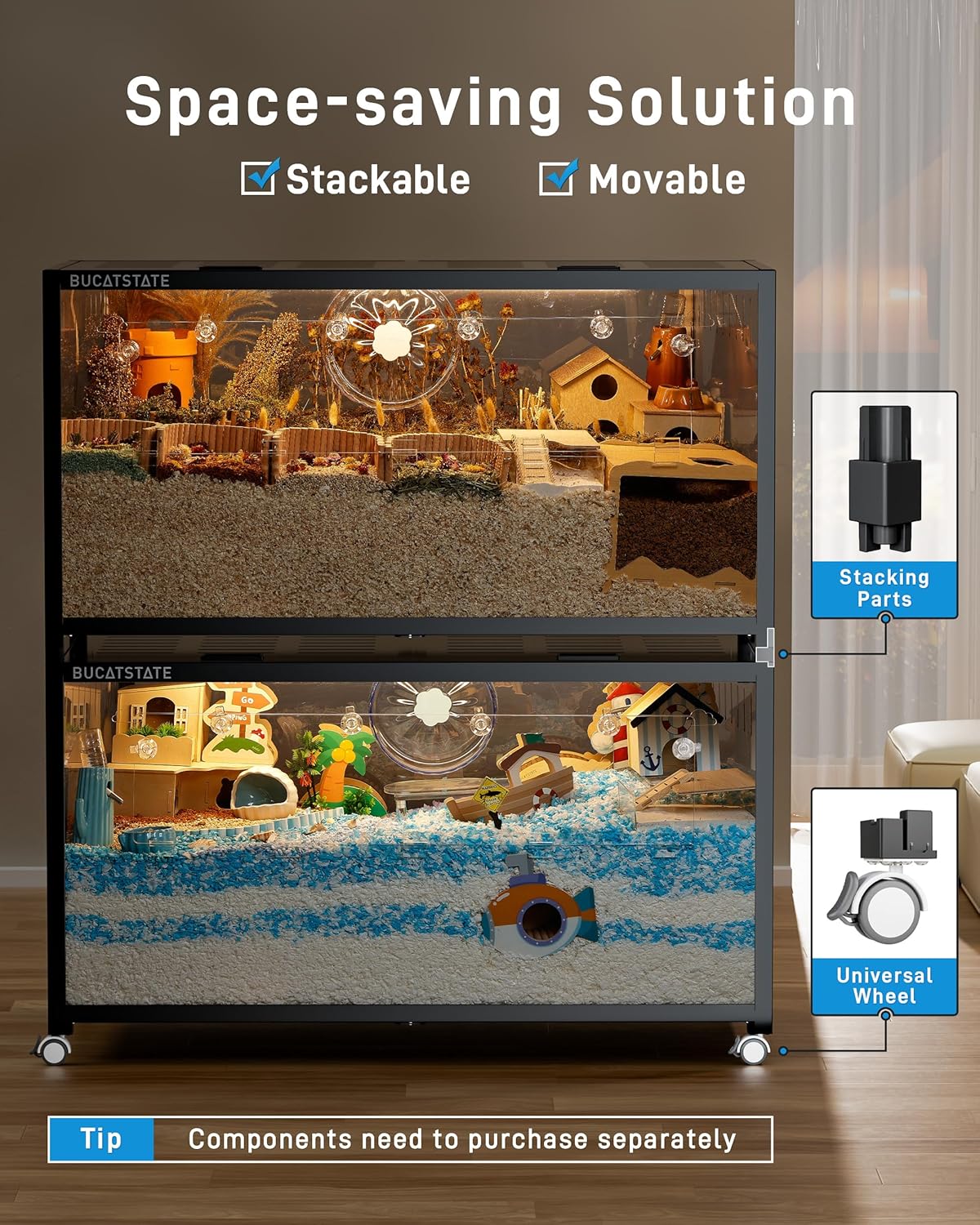 BUCATSTATE Hamsterkäfig 3,0: Metall Rattenkäfig Kleintierkäfig Groß Stapelbar mit Einfacher Montage 120L x 60W x 62H cm für Nager, Mäuse, Zwerghamster (0,72m², Weiß)