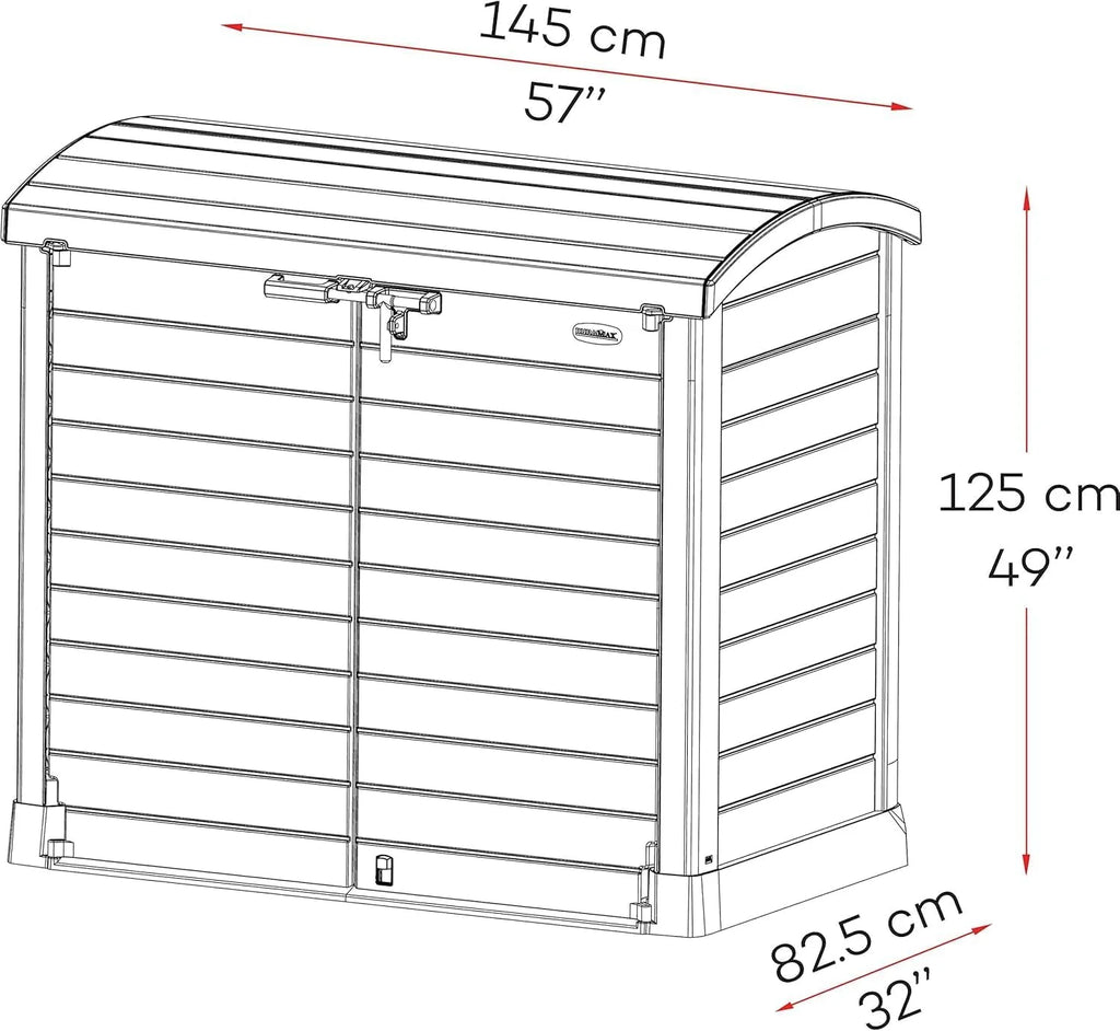 Duramax StoreAway 1200L Plastic Garden Shed/ Flat Lid, Outdoor Storage Shed, Wheelie Bin Hideaways, Wheelie bin box, Durable Construction, Ideal for Bikes, BBQs & 2x 240L Bins, 145x85x125 cm, Brown