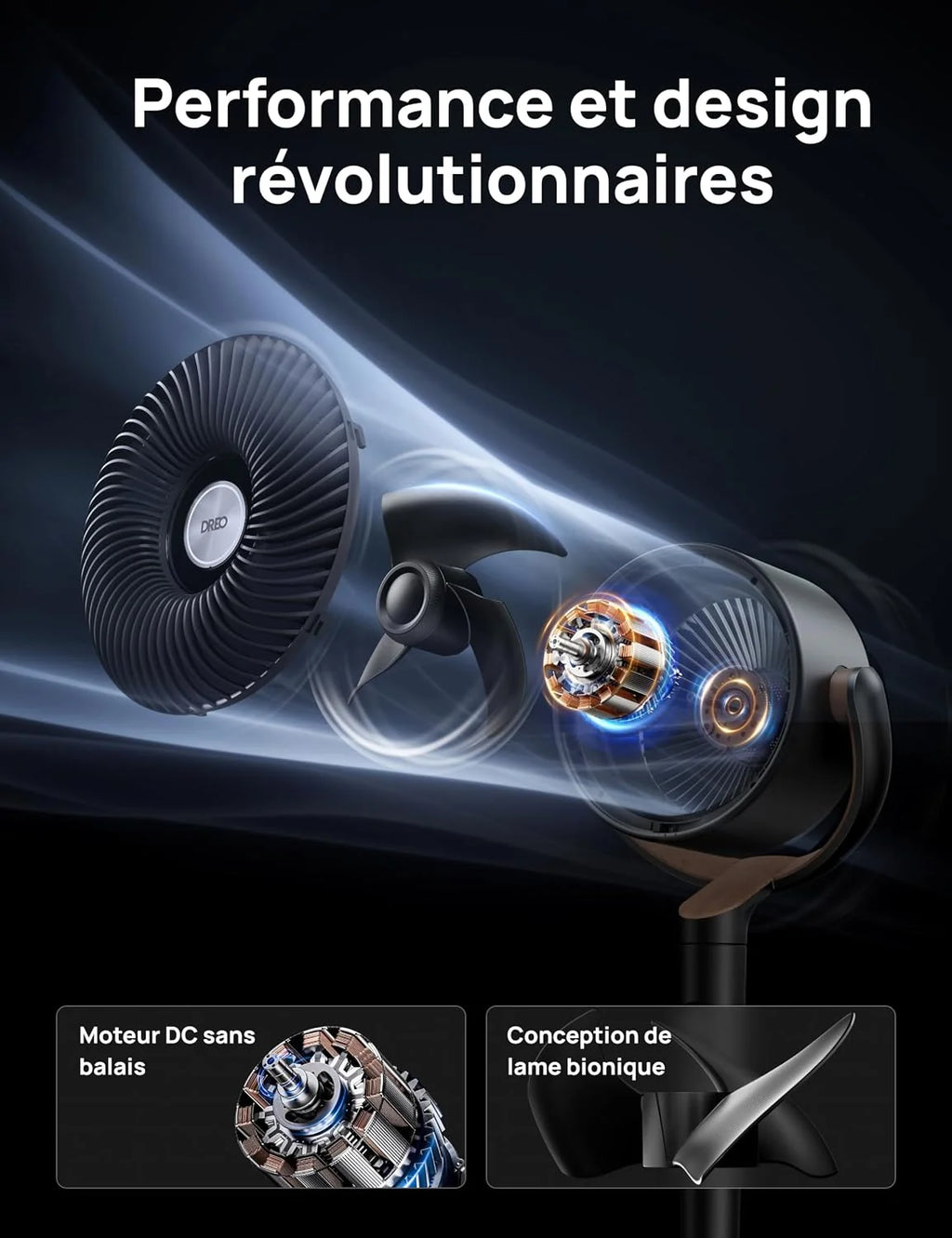 DREO ventilateur sur pied silencieux 20 dB avec oscillation omnidirectionnelle 120°+120°, portée du vent 26 m, débit d’air 1615 m³/h, circulateur Turbo, hauteur réglable 94–107 cm, 3 modes, 8 vitesses