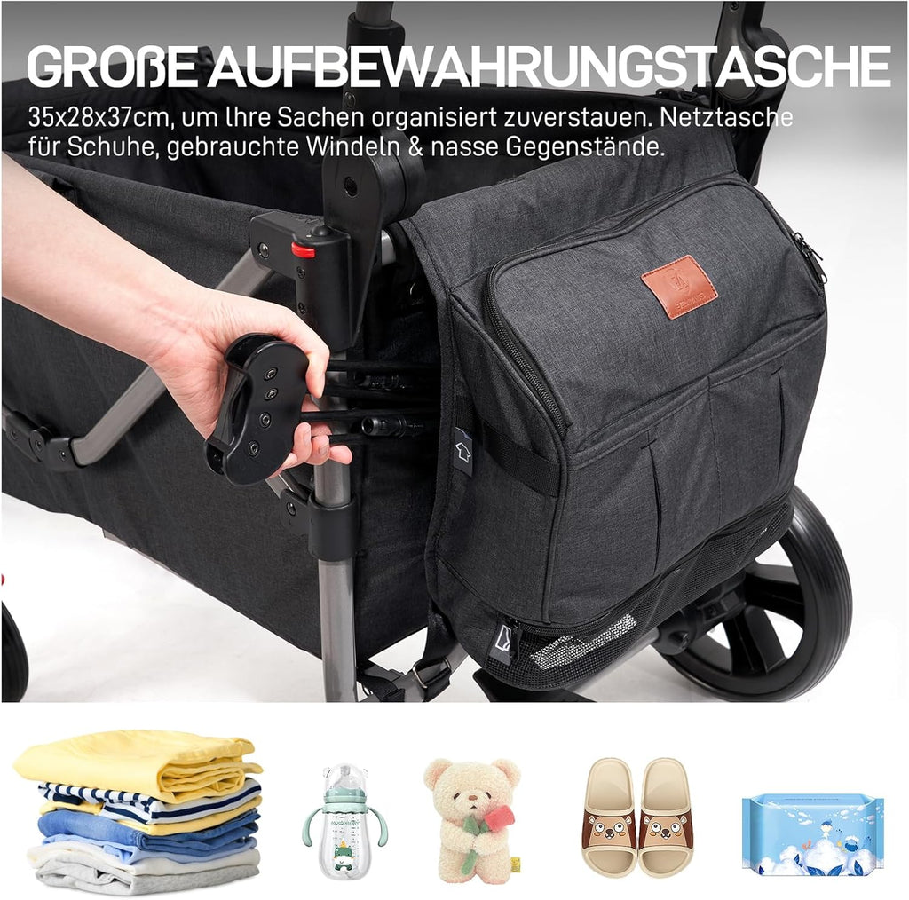 EVER ADVANCED Bollerwagen für 2 Kinder Faltbar mit Dach, Kinderwagen 2x5 Punkt Sicherheitsgurt mit Wickelrucksack, Bollerwagen mit Sitz, Handwagen Transportwagen, Ziehen & Schieben, Fußbremse