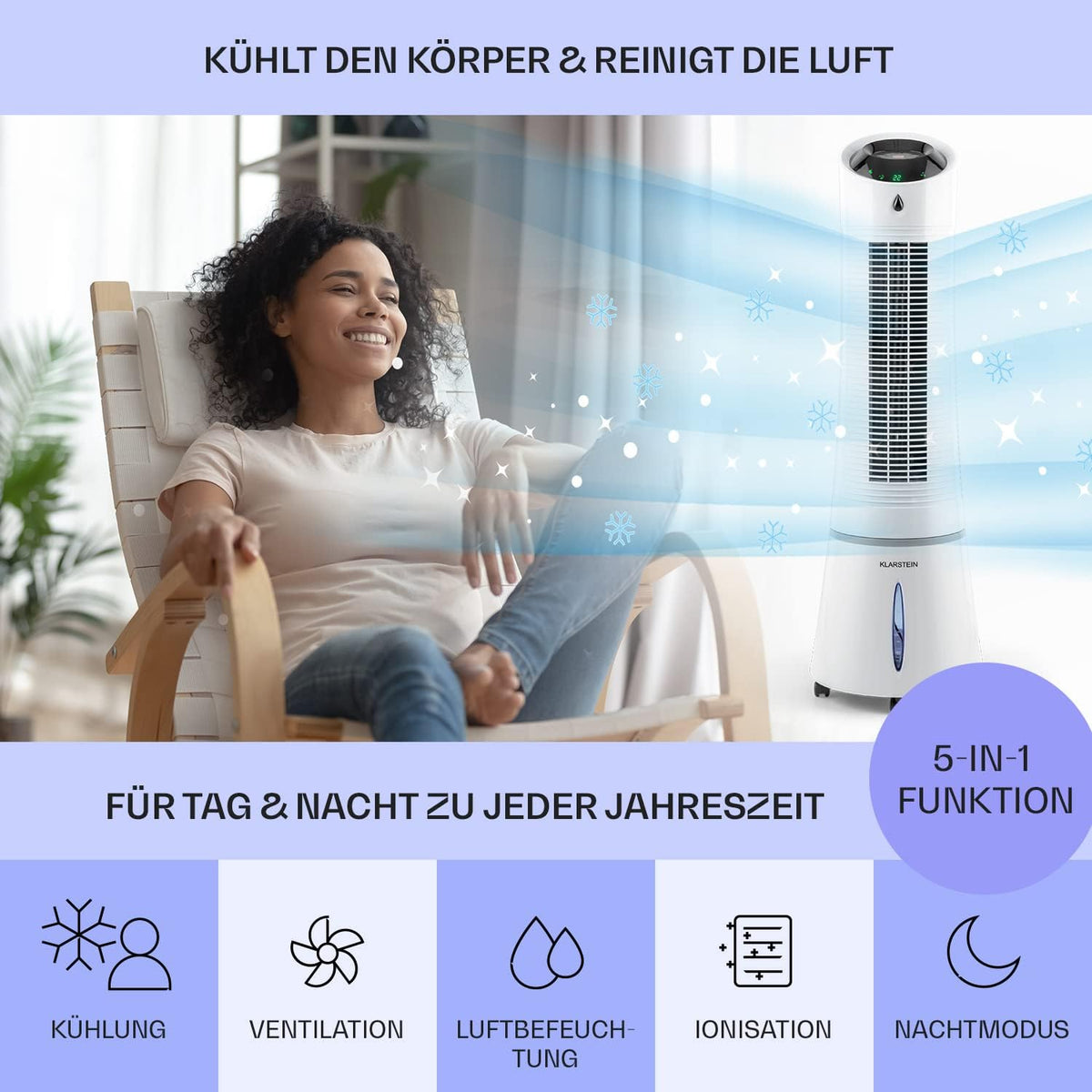 Klarstein 4-in-1: Smart Luftkühler, Ventilator, Luftbefeuchter & Ionisation I 6 L Wassertank, Oszillation, 30 W, 210 m³/h, Timer I Klimagerät ohne Abluftschlauch, Mobiles Klimagerät, Schwarz-Rosegold
