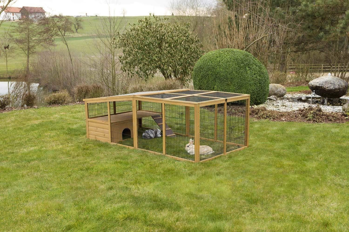 Kerbl Freigehege mit Ausbruchsperre (Gitterabstand 2,5 cm, überdachter Auslauf, mit Kunststoffdach, inkl. Kleintierhaus + Aussichtsplattform) 81708