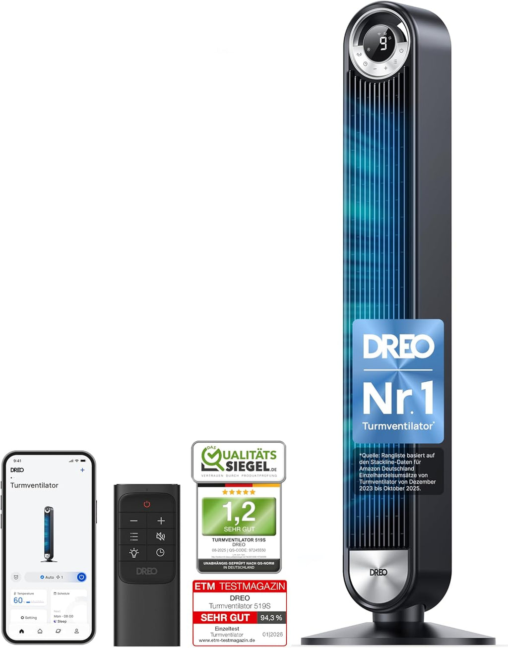 DREO 25 dB Leiser Smart Turmventilator, 106cm Höhe 4 Modi 9-Geschwindigkeit Max 7,9m/s 12H Timer 90° Oszillierender Ventilator mit Fernbedienung Sprachsteuerung Kühlung, Cruiser Pro T2S, Schwarz