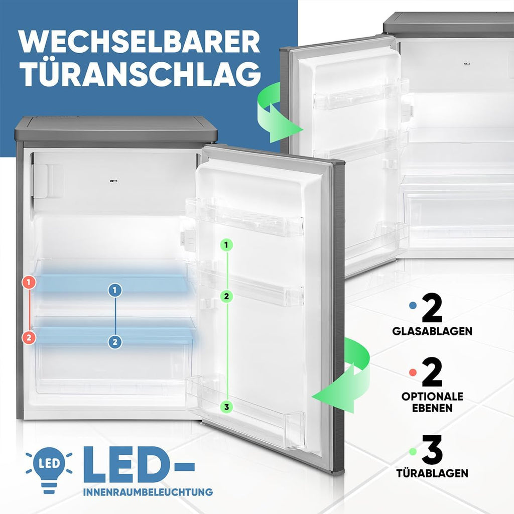 Bomann Kühlschrank mit Gefrierfach klein | Kühlschrank 2 Ablagen | leise | mit 4-Sterne Gefrierfach | Kühlschrank klein mit Obst- und Gemüsefach | Türanschlag wechselbar | KS 7251 inox