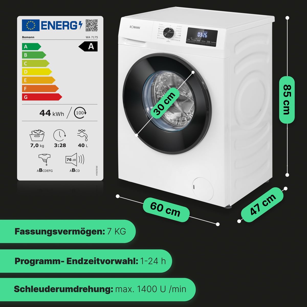 Bomann Waschmaschine 7kg | max. 1400 U/min | 10 Jahre Motor-Garantie | effizienter, leiser & langlebiger Invertermotor | 15 Programme | Endzeitvorwahl | LED-Display | Washing Machine | WA 7175 wei