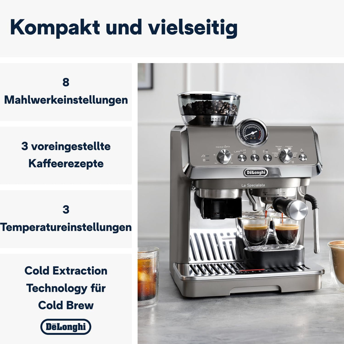 De'Longhi La Specialista Arte EC9155.MB Siebtrgermaschine, Espressomaschine mit Mahlwerk, 8 Mahlgrade, 15 Bar, 3 Temperaturen, Milchschaumdüse, 1300 W, 1,5 l Tank, Edelstahl/Schwarz inkl. Barista-Kit