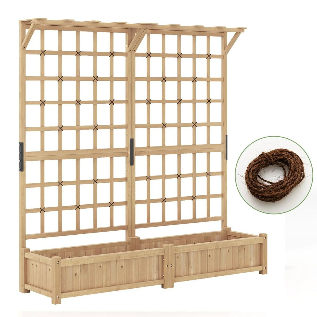 Jardinière avec 2 Treillis 2 Bacs Toit Suspendu en Bois Lit de Jardin Surélevé avec 4 Trous de Drainage 180 x 48 x 183 cm Orange