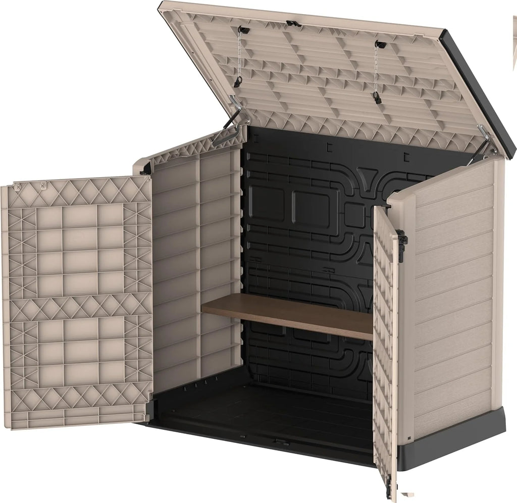 Duramax StoreAway 1200L Plastic Garden Shed/ Flat Lid, Outdoor Storage Shed, Wheelie Bin Hideaways, Wheelie bin box, Durable Construction, Ideal for Bikes, BBQs & 2x 240L Bins, 145x85x125 cm, Brown