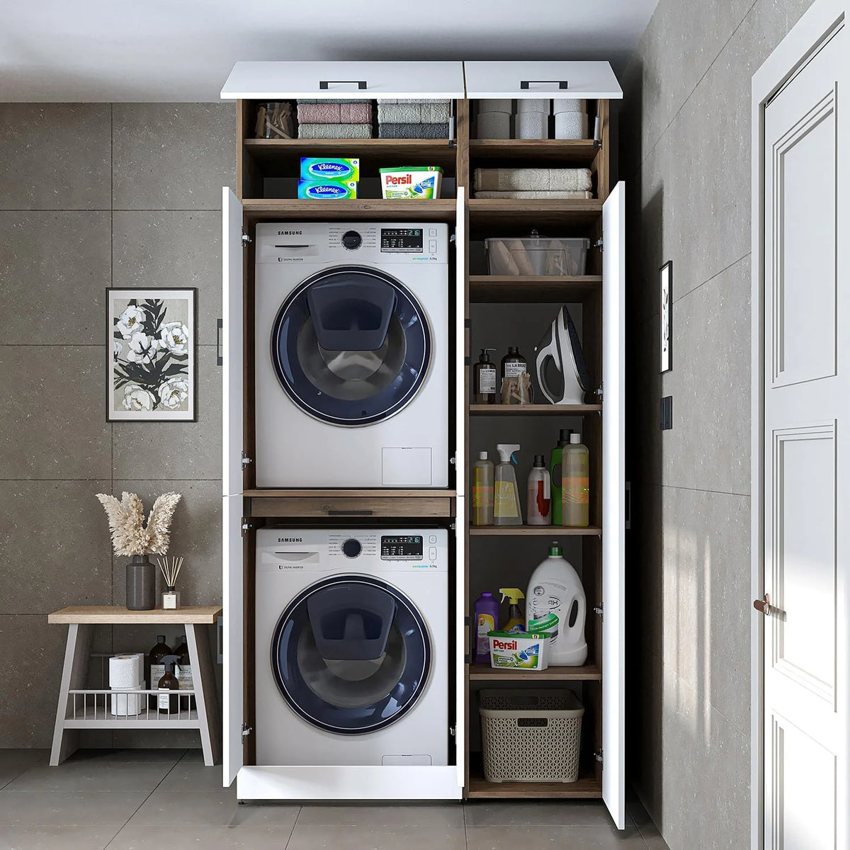 ROOMART Dora - Armoire de machine à laver - Pour sèche-linge et machine à laver - En 4 couleurs - Avec portes et panneau coulissant - Blanc - Chêne blanc - Chêne anthracite - Chêne blanc (chêne blanc)