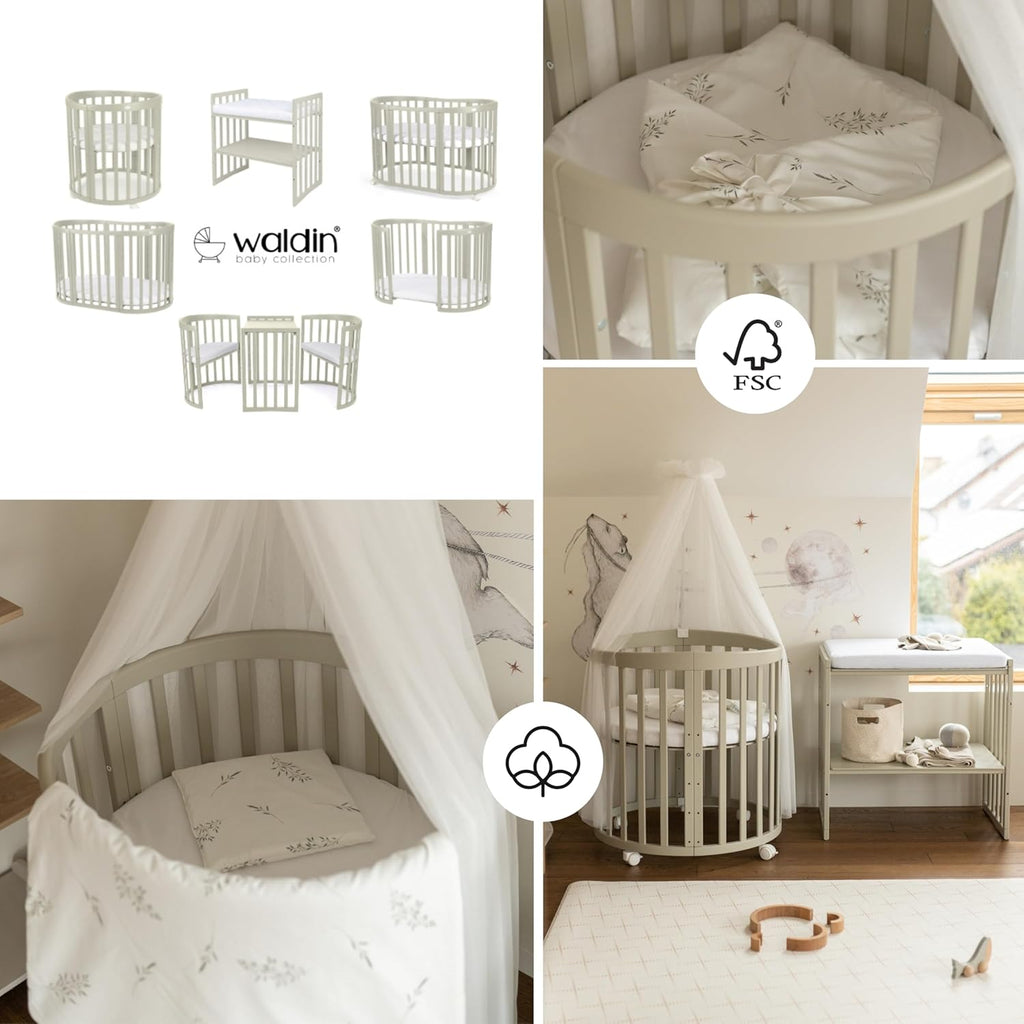 Waldin Oval Baby-Bett Mitwachsend Komplett Set 7in1, Gitterbett, Kinderbett mit Matratze, Wickelkommode, Beistellbett, Holz Weiß