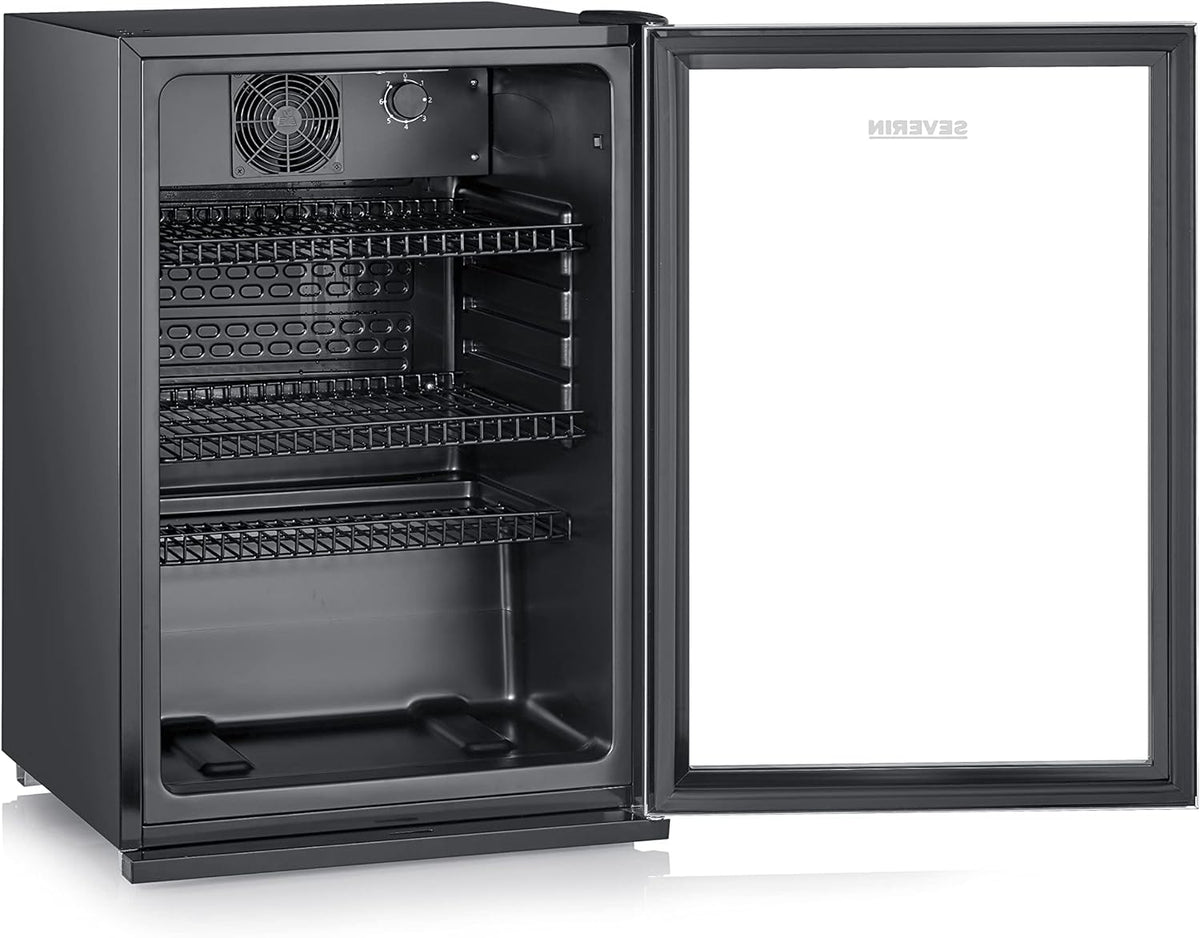 SEVERIN Flaschenkühlschrank, mit integriertem Schloss und integrierter LED-Beleuchtung, 118 L Nutzinhalt, schwarz/silber, FSK 8840