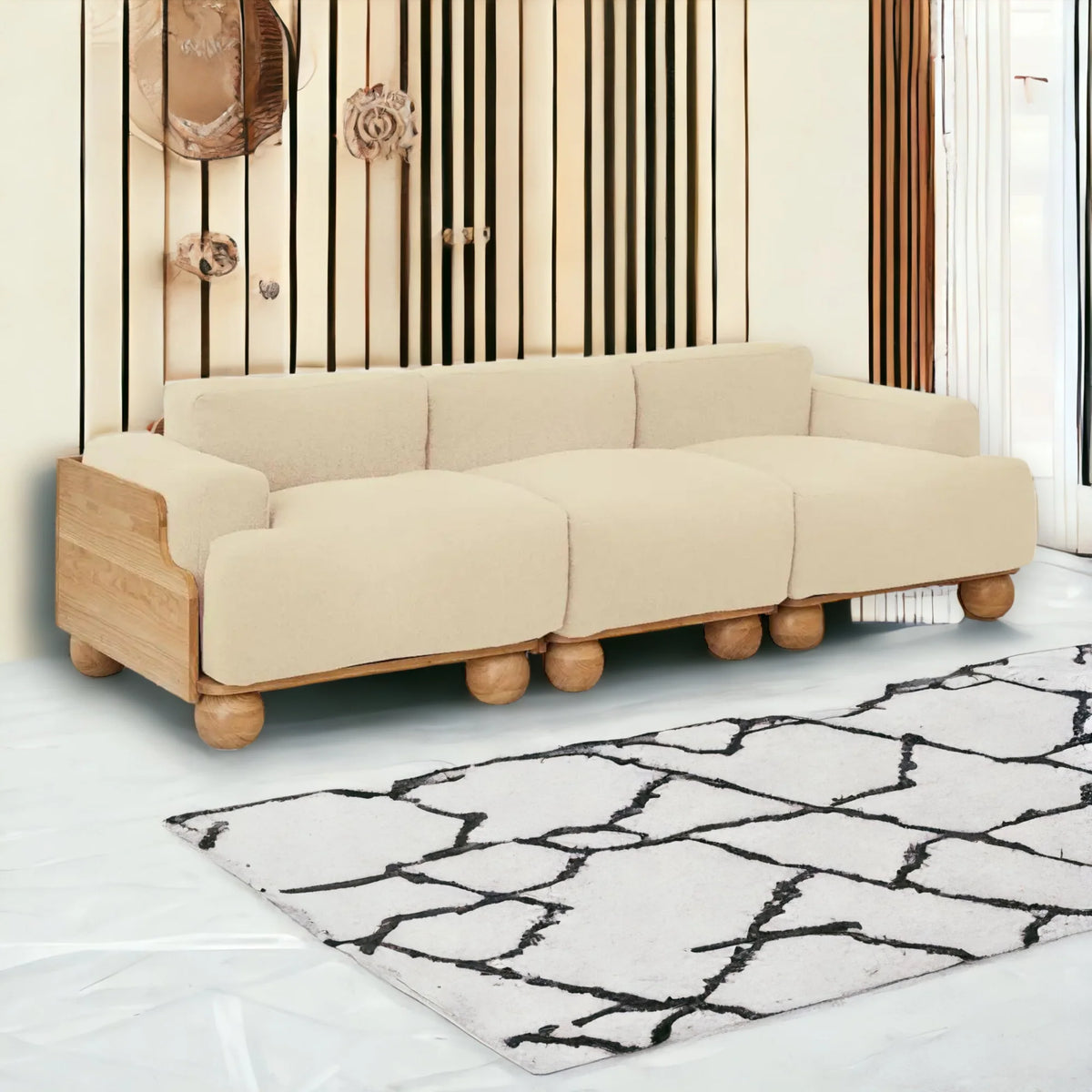 Batson Oak Wood 3 Seater Sofa Skin White