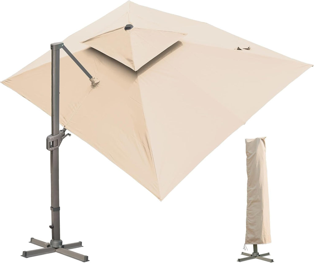 LKINBO Sonnenschirm 300 x 400 cm Rechteckig mit Ständer und Kurbel, Groß Ampelschirm Terrassenschirm 360°Drehbar Parasol Windfest Gartenschirm Wasserdicht Marktschirm für Garten Deck Outdoor, Khaki