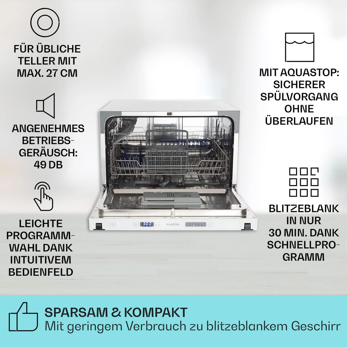 Klarstein  ia 8 - Spülmaschine, Geschirrspüler, Freistehend, Teilintegriert, F, 55 cm breit, 8 Maßgedecke, 6 Programme, Aquastop, silber