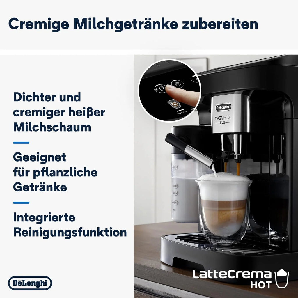 De'Longhi Magnifica Evo ECAM 292.81.B Kaffeevollautomat mit LatteCrema Milchsystem, 7 Direktwahltasten für Cappuccino, Espresso und weitere Kaffeespezialitten, 2-Tassen-Funktion, Schwarz