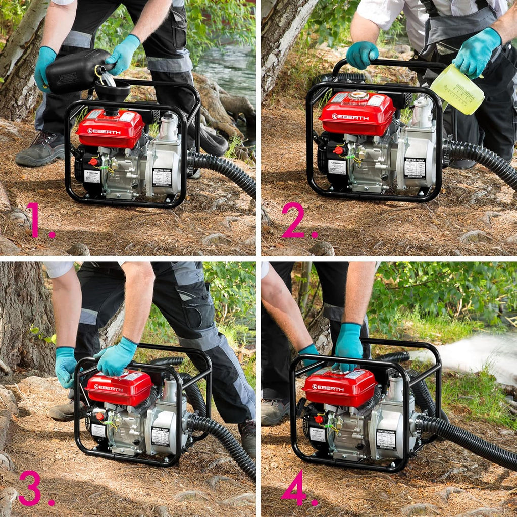 EBERTH 5,5PS Wasserpumpe mit 30.000l/h und 30m Förderhöhe, 2 Zoll Anschluss, Gartenpumpe Schmutzwasserpumpe mit 4-Takt-Motor und 7m Ansaughöhe, Benzin Pumpe, Seilzugstart, Metallfuß, Tragegriff