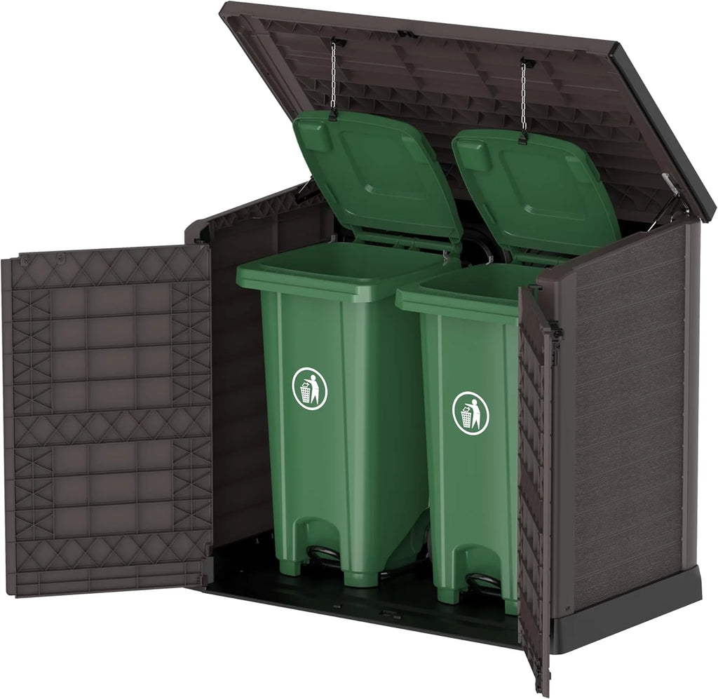 Duramax StoreAway 1200L Plastic Garden Shed/ Flat Lid, Outdoor Storage Shed, Wheelie Bin Hideaways, Wheelie bin box, Durable Construction, Ideal for Bikes, BBQs & 2x 240L Bins, 145x85x125 cm, Brown