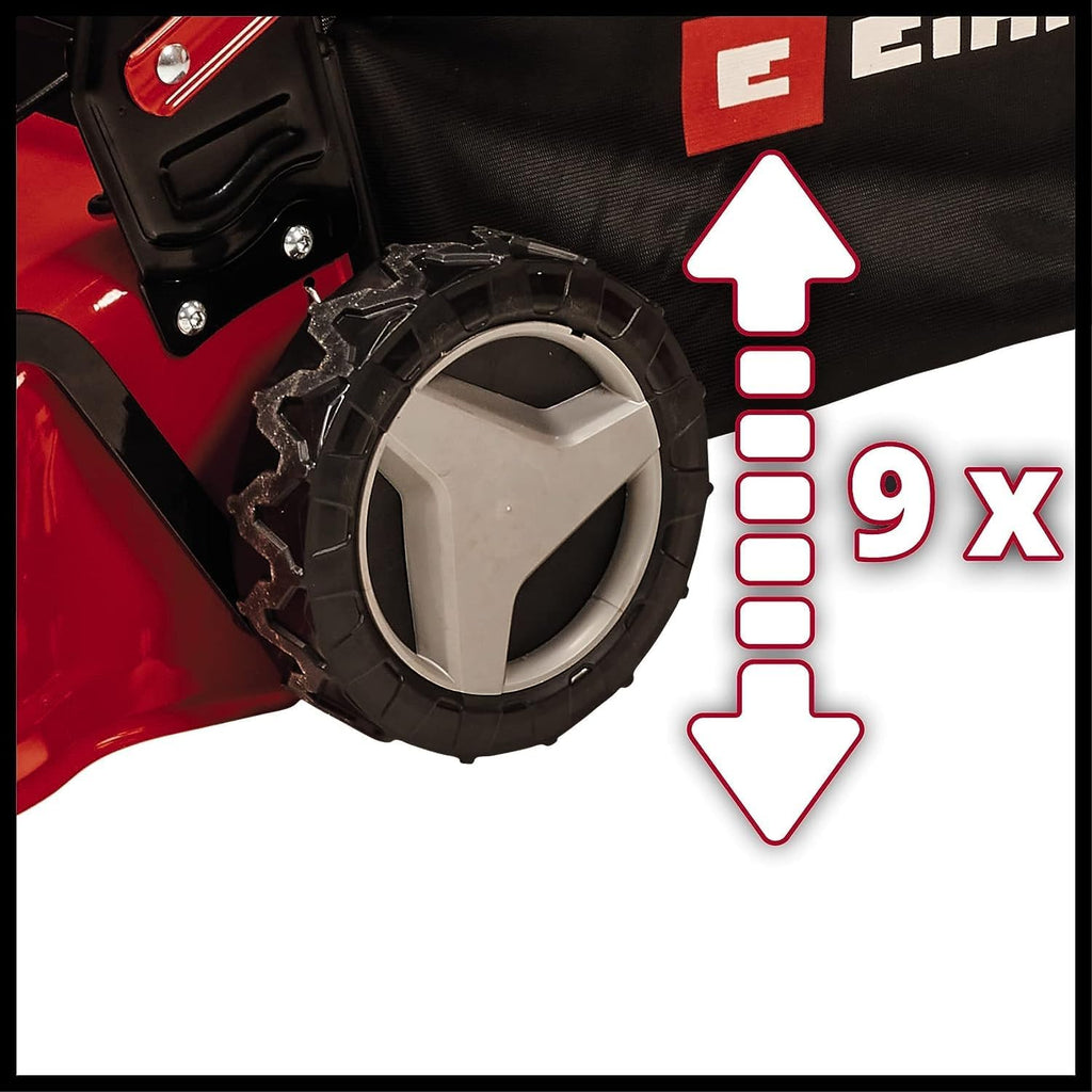 Einhell Benzin-Rasenmäher GC-PM 46/5 S (2 kW, bis 1.400 m², 1 Zylinder, 4-Takt-Motor, abschaltbarer Hinterradantrieb, 9-stufige zentrale Schnitthöhenverstellung 25-80 mm)