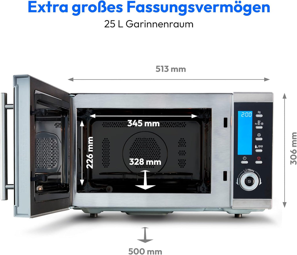 MEDION MD 15501 4 in 1 Mikrowelle mit Grill (25 Liter, 900 Watt, 1100 Watt Grill, 2500 Watt Heißluft, 10 Automatik-Programme) silber