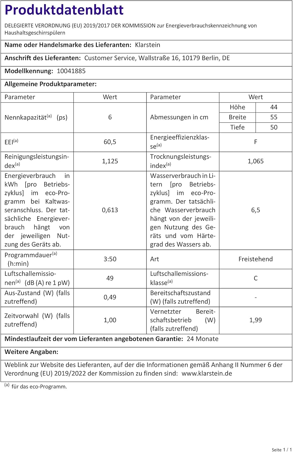 Klarstein  ia 8 - Spülmaschine, Geschirrspüler, Freistehend, Teilintegriert, F, 55 cm breit, 8 Maßgedecke, 6 Programme, Aquastop, silber