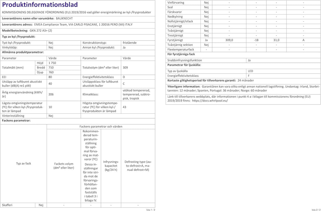 Bauknecht GKN 272 A3+ Gefrierschrank / 309 L Gesamtnutzinhalt / NoFrost / EasyOpen Ventil / Innenbeleuchtung / Elektronische Steuerung mit innenliegendem Bedienfeld, Weiß