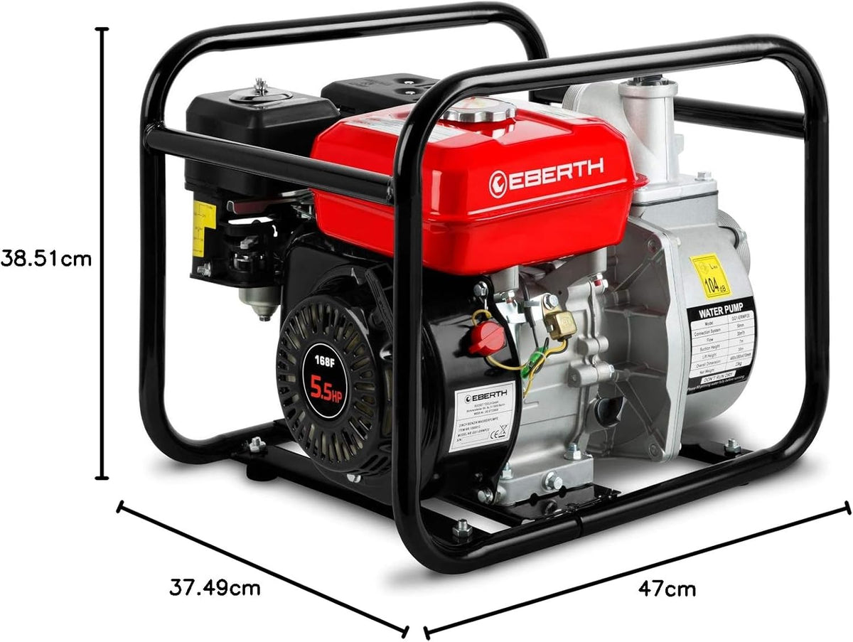 EBERTH 5,5PS Wasserpumpe mit 30.000l/h und 30m Förderhöhe, 2 Zoll Anschluss, Gartenpumpe Schmutzwasserpumpe mit 4-Takt-Motor und 7m Ansaughöhe, Benzin Pumpe, Seilzugstart, Metallfuß, Tragegriff