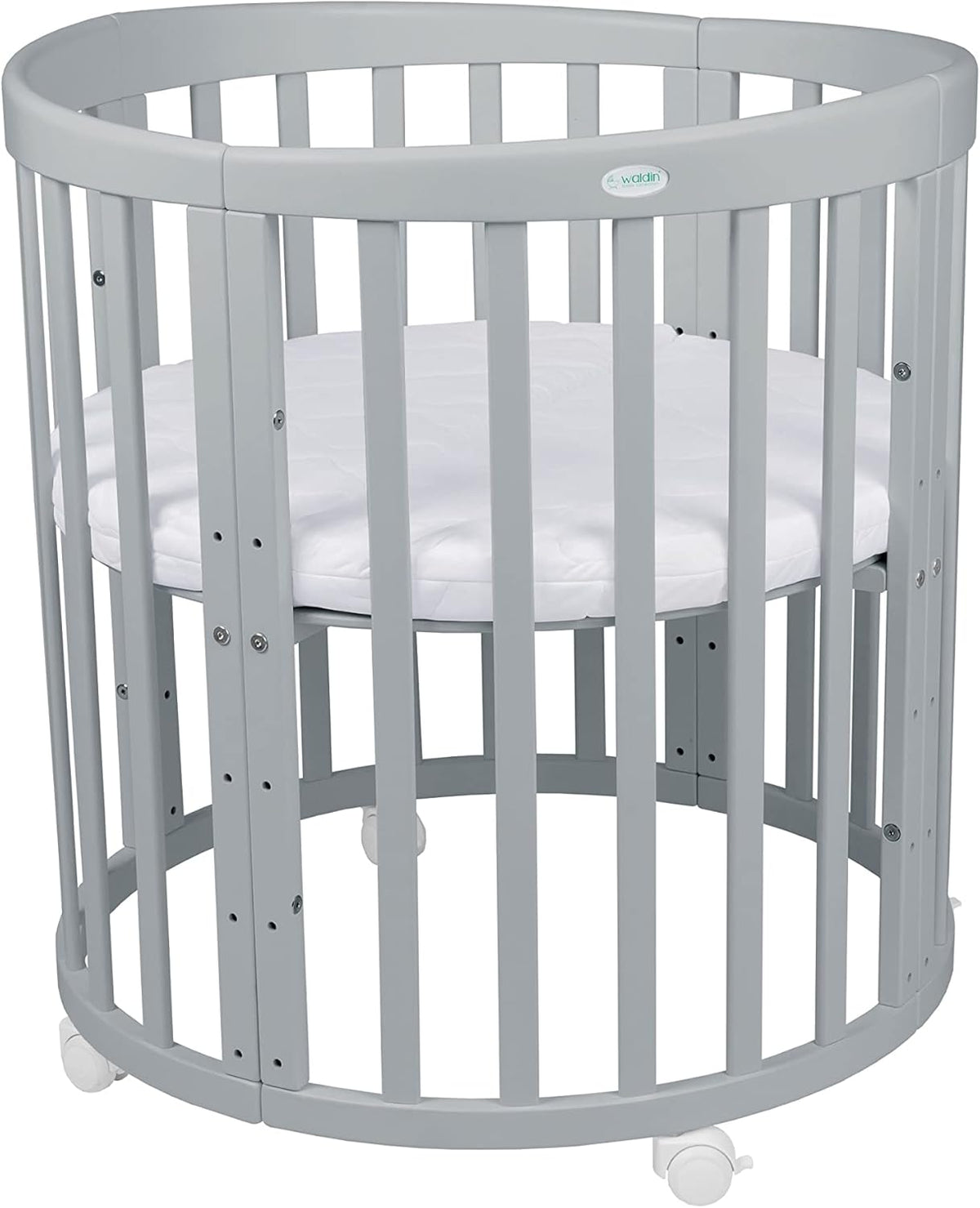 Waldin Oval Baby-Bett Mitwachsend Komplett Set 7in1, Gitterbett, Kinderbett mit Matratze, Wickelkommode, Beistellbett, Holz Weiß