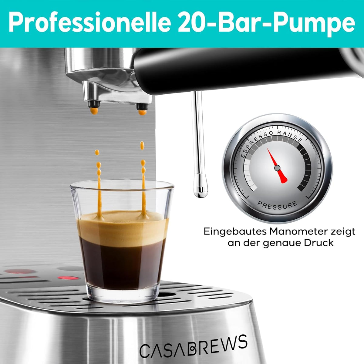 CASABREWS Espresso Siebträgermaschine 20 Bar, Edelstahl-Espressomaschine mit professionellem Milchaufschäumer, Klein Kaffeemaschine Espresso für Cappuccino, Latte & Macchiato, 1L Wassertank, Schwarz