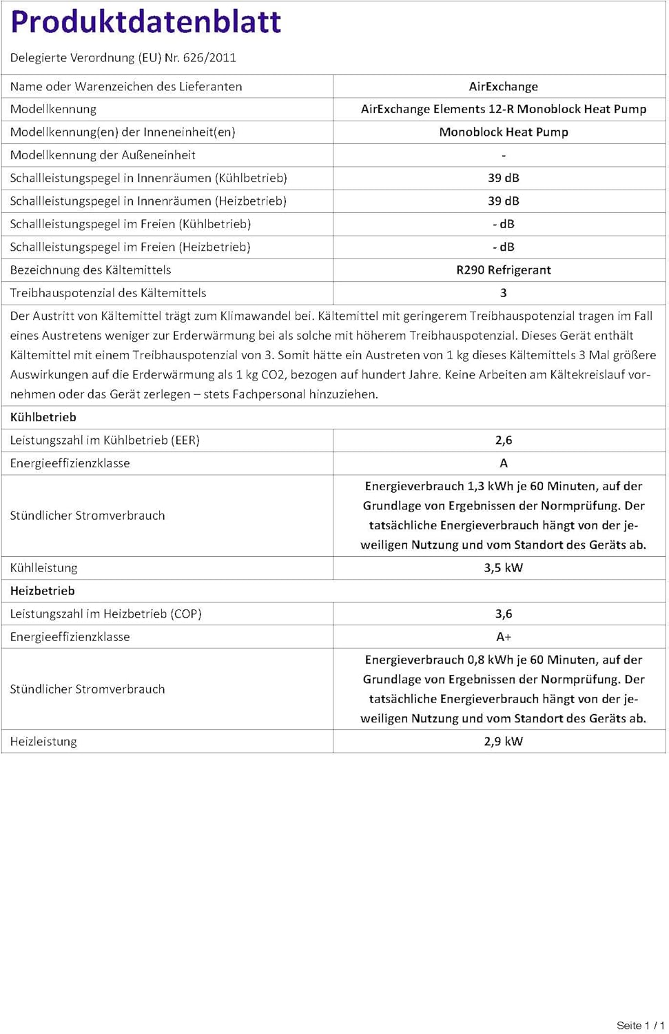 AirExchange - Wand-Monoblock-Klimaanlage-Wärmepumpe-INVERTER, 4-in-1 Klimaanlage ohne Außengerät, Heizen, Kühlen, Entfeuchten, Reinigen, 12.000 BTU, bis 80 m², R290, WEIß