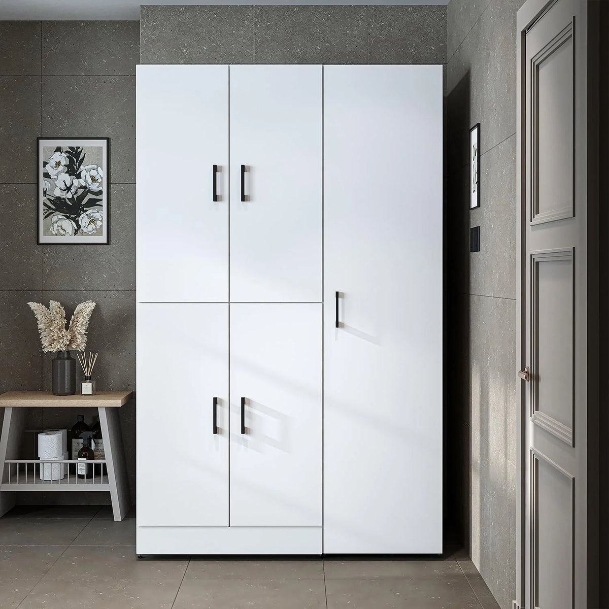 ROOMART Dora - Armoire de machine à laver - Pour sèche-linge et machine à laver - En 4 couleurs - Avec portes et panneau coulissant - Blanc - Chêne blanc - Chêne anthracite - Chêne blanc (chêne blanc)