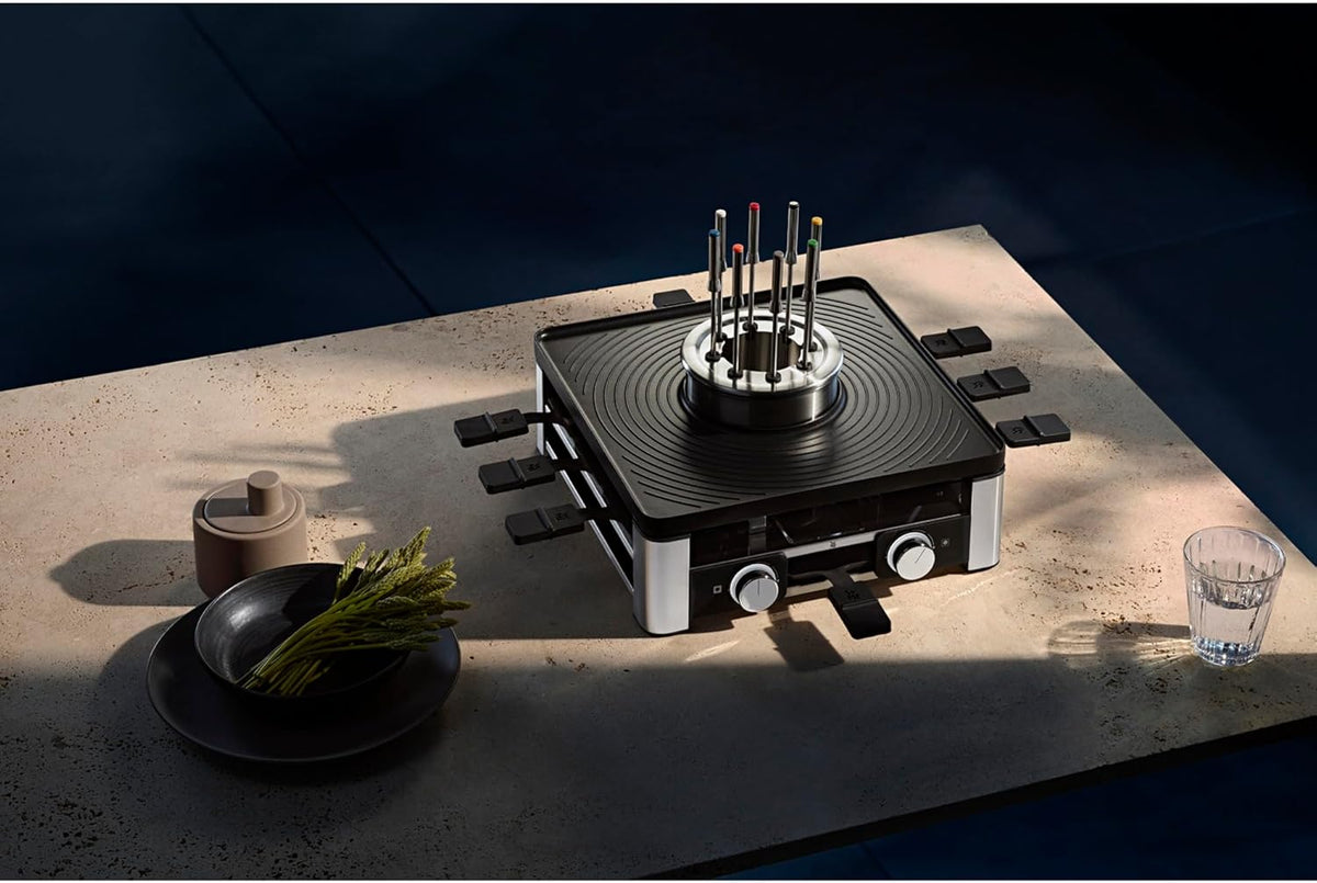 WMF Lumero 3in1 Gourmet Station für 8 Personen, Raclette Fondue Kombi, elektrisch, Temperaturregulierung, Beleuchtung, 1800 Watt, platzsparend, edelstahl matt
