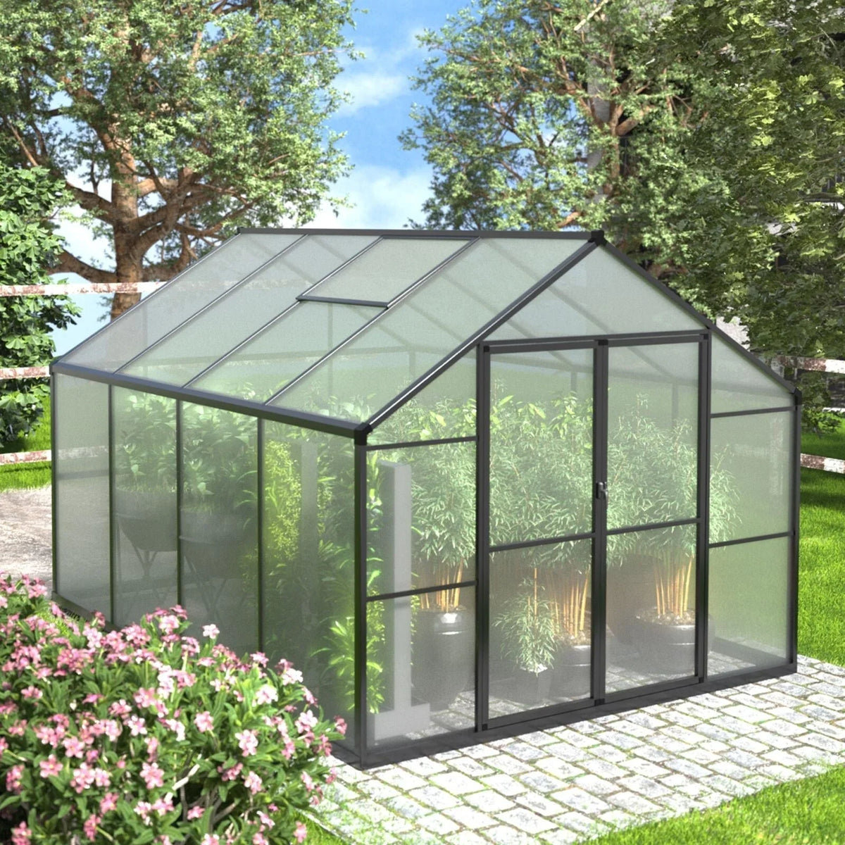 VEIKOUS Aluminum Walk-In Garden Greenhouse Kit with Adjustable Roof Vent and Lockable Door Grey