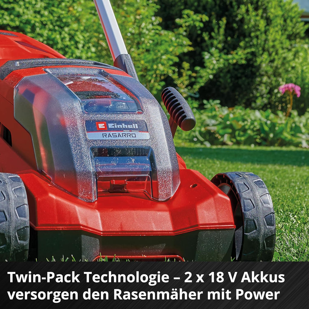 Einhell Akku-Rasenmäher RASARRO 36/38 Kit Power X-Change (36 V, 38 cm Schnittbreite, 450 m², Brushless, Mulchfunktion, 45L Fangkorb, inkl. 2X 4,0 Ah Akkus + Twincharger)