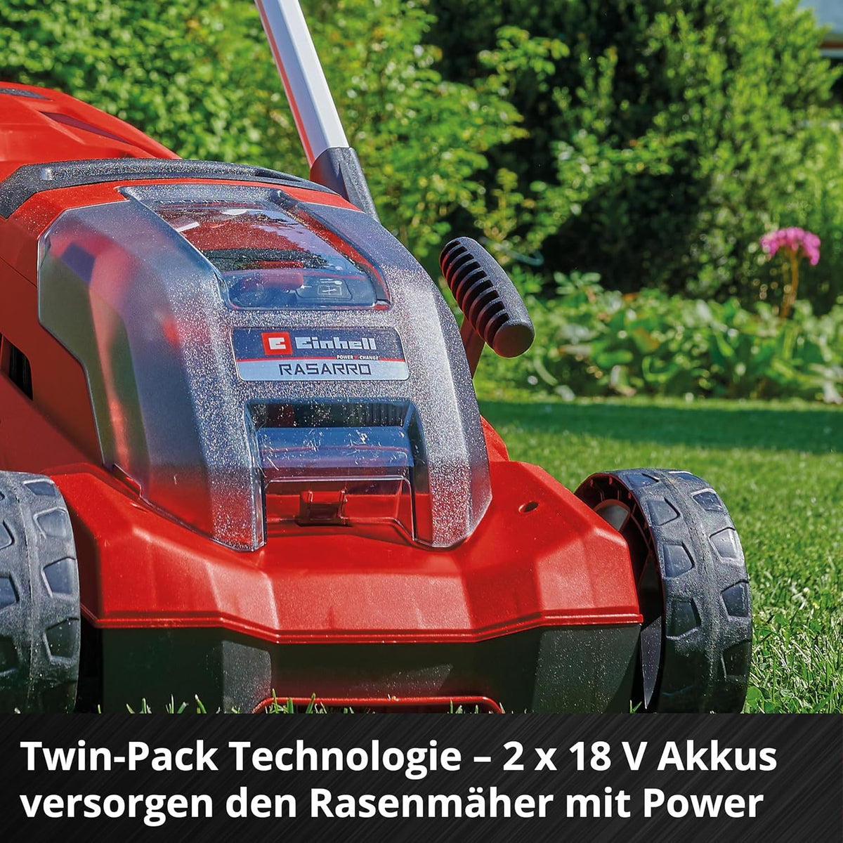 Einhell Akku-Rasenmäher RASARRO 36/38 Kit Power X-Change (36 V, 38 cm Schnittbreite, 450 m², Brushless, Mulchfunktion, 45L Fangkorb, inkl. 2X 4,0 Ah Akkus + Twincharger)