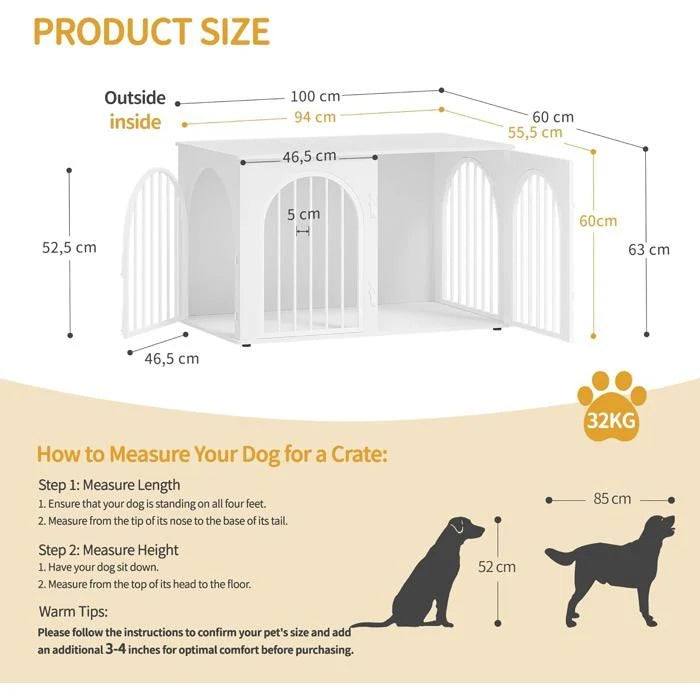 100cm Cage pour Chiens,Cage Chien de Taille Moyenne, Maisonnette pour Animaux,3 Portes, Porte arquée, 60 x 100 x 63 cm,Ivoire Clair