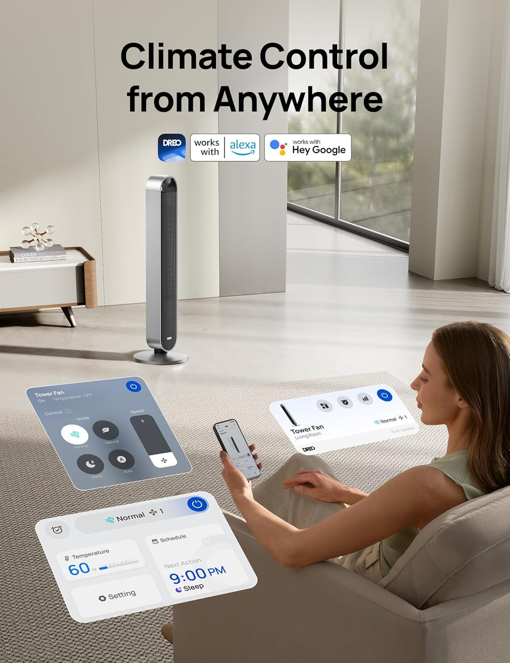 Dreo 25dB leiser Smart Turmventilator mit Sprachsteuerung, WiFi Alexa Ventilator, APP Steuerung, 120° Oszillierender Standventilator, 12 Geschwindigkeiten, 4 Modi, 12-Stund-Timer, Pilot Max S