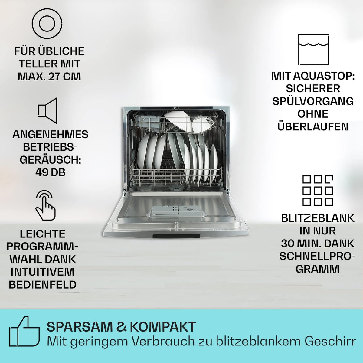 Klarstein  ia 8 - Spülmaschine, Geschirrspüler, Freistehend, Teilintegriert, F, 55 cm breit, 8 Maßgedecke, 6 Programme, Aquastop, silber