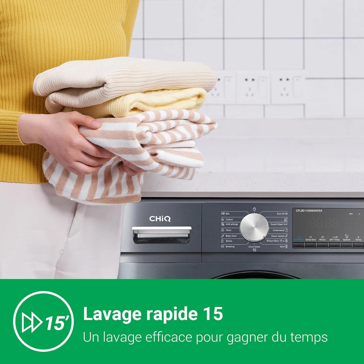 Lave-linge CFL80-14586IM3XA, Chargement frontal 8 kg,Space Pro,Moteur Inverter stable, 1400 tr/min, Programme intelligent à IA, Fonction vapeur, Lavage rapide 15 minutes, 15 cycles lavage, Gris