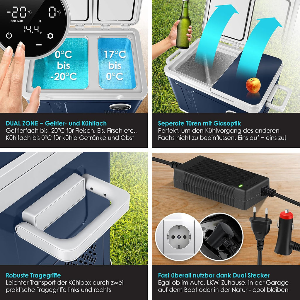 KESSER Kompressor Kühlbox 2in1 Doppelzone Kühl & Gefrierfach elektrische Gefrierbox mit 2x Kühlakkus & LED-Touch-Bedienung | Kühlschrank Kühlung bis -20 °C für Camping, Auto, Lkw 12/24V 230V