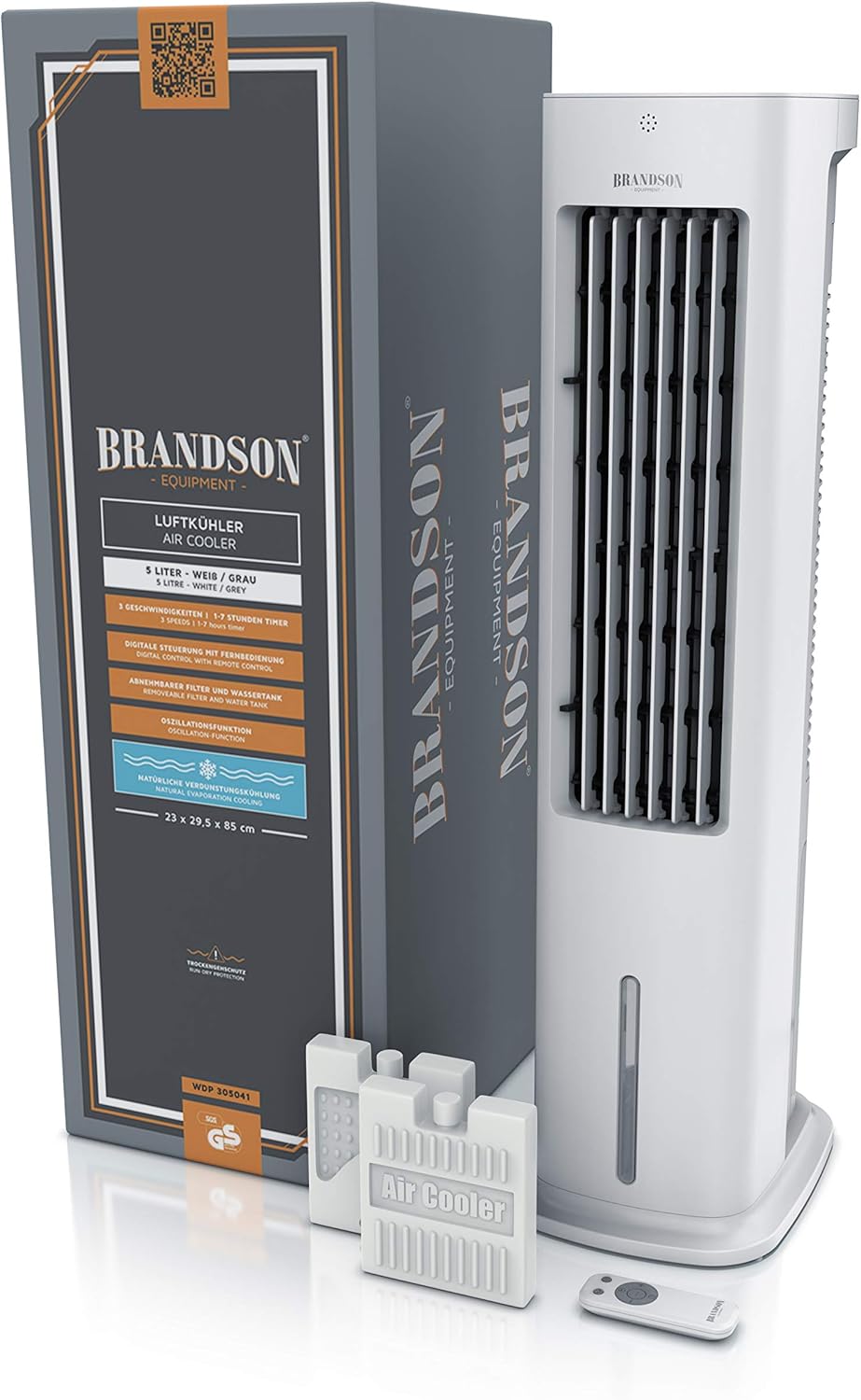 Brandson - Luftkühler mit Wasserkühlung 5 in 1 - Verdunstungskühler, Luftbefeuchter, Ventilator & Luftreiniger, mobile Klimaanlage ohne Abluftschlauch - Preisträger 2025 - leise - 5L Wassertank