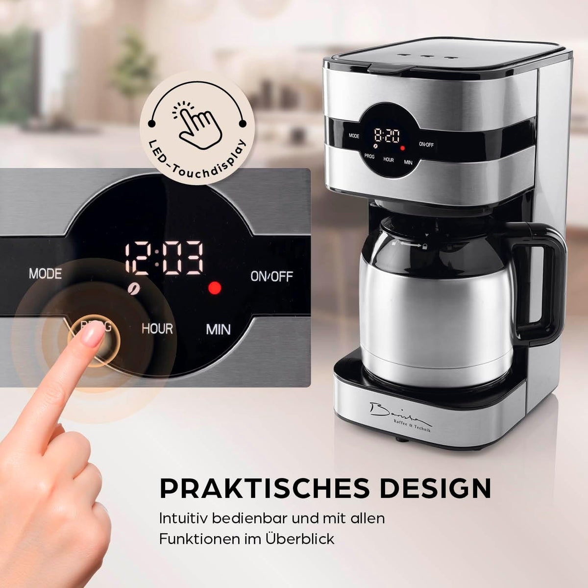 Barista Filterkaffeemaschine mit verstellbarem Mahlwerk & Thermokanne | Warmhaltefunktion, 24h Timer & Permanentfilter | Für 10 Tassen Kaffee | Kaffeemaschine für Bohnen & Pulver [Edelstahl]