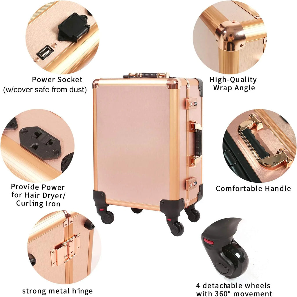 Maletín mediano para maquillaje con cerradura de código, espejo iluminado, altavoz, organizador de cosméticos de viaje, trolley profesional para artistas, estuche independiente para estudio